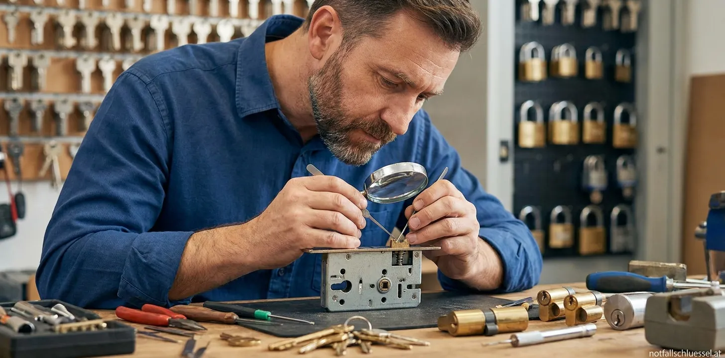 Professioneller Schließ an lagen techniker bei der Arbeit an einer Haustür mit modernem Sicherheits besch lag